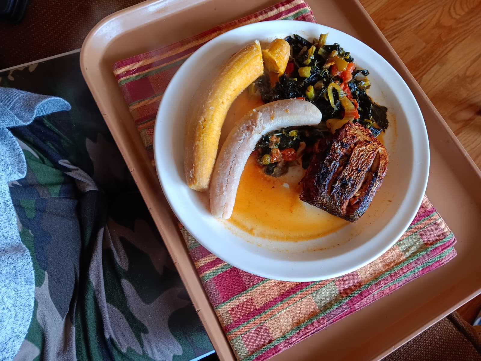 Pan Fry Fish, with Stir Fry Vegetable and Boiled Sweet Plantain and Green Banana